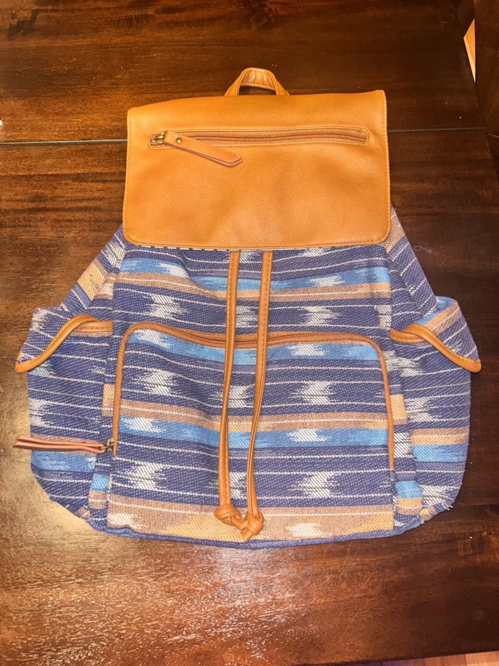 Blue Patterned Backpack with Tan Trim